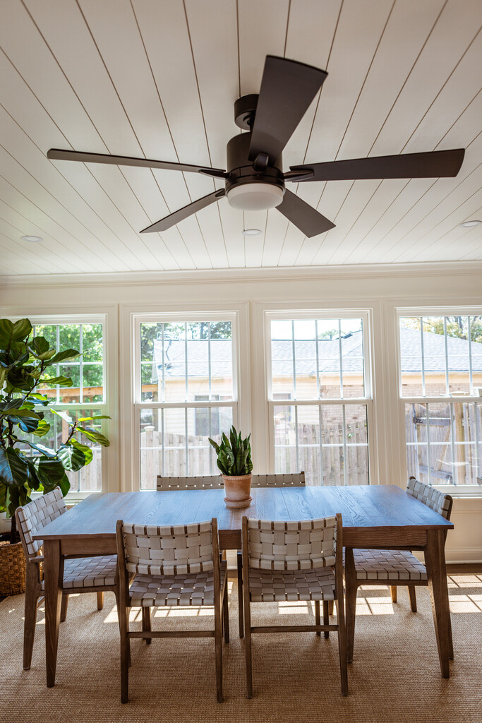Overhead view of dining area and ceiling fan in sunroom by Anchor Remodel in Alexandria, VA