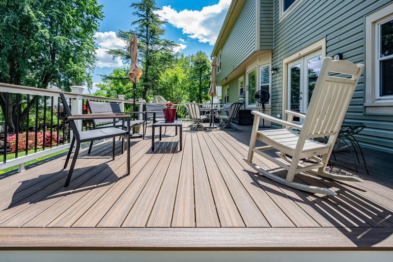 Premium Trex composite decking installation in Alexandria, VA featuring multiple seating areas