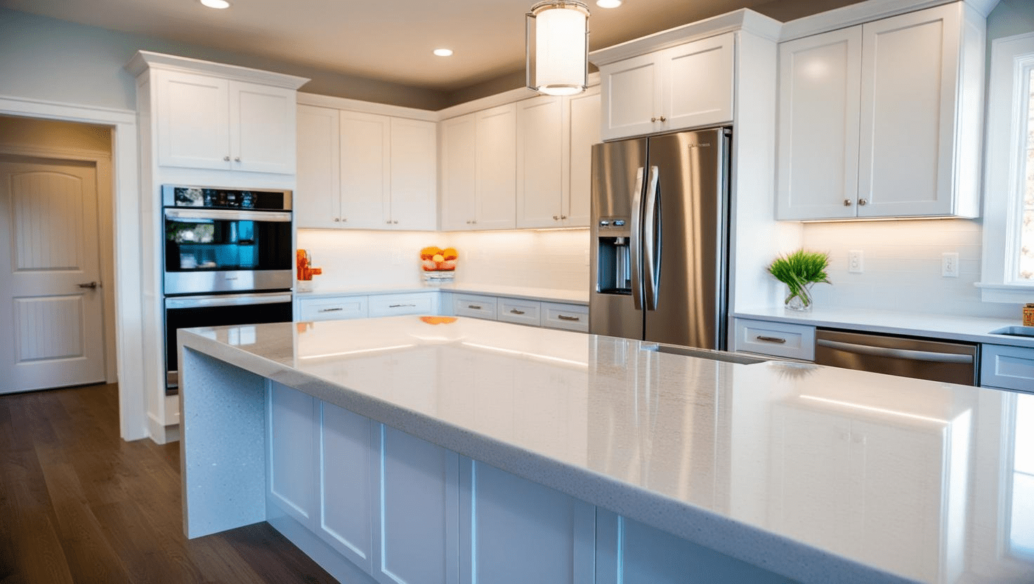 Modern kitchen remodel in Arlington VA with waterfall quartz island and built-in seating