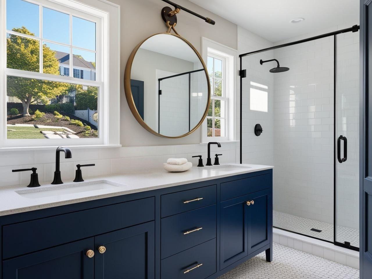 Elegant Alexandria VA bathroom remodel featuring navy double vanity, white subway tile, and brass accents.
