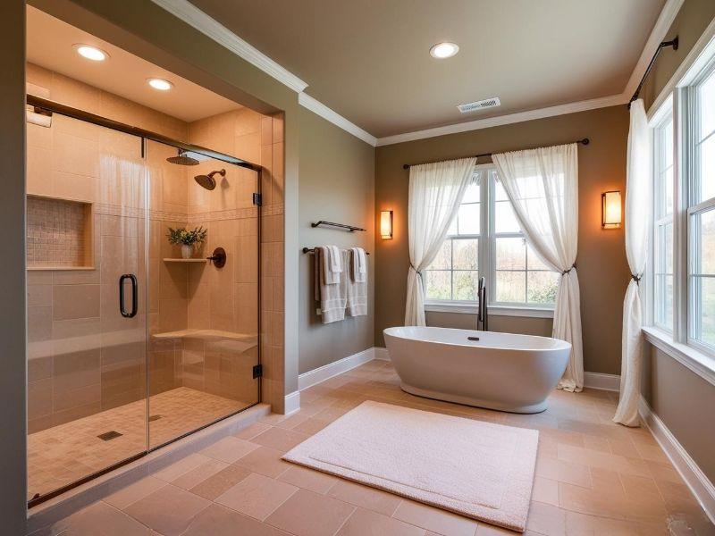 Floating vanity with integrated LED lighting and a smart mirror in a McLean VA bathroom remodel.