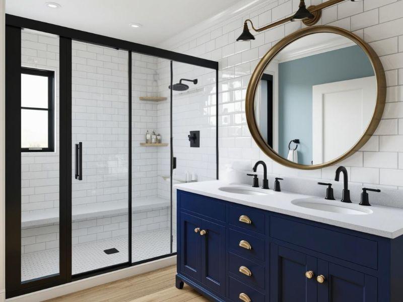 Jewel-toned bathroom vanity with gold hardware and deep navy cabinetry in McLean VA remodel.