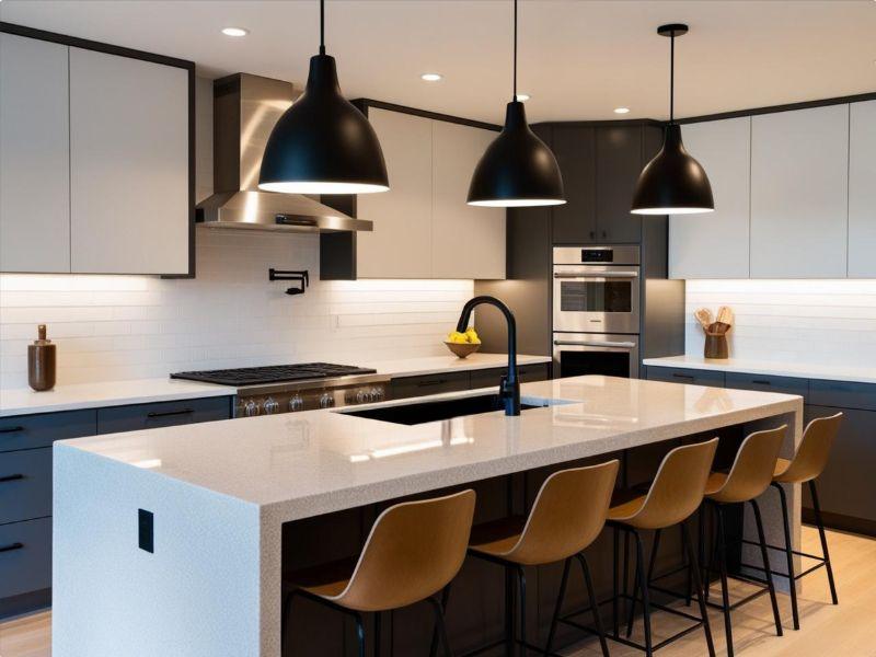 Sleek modern Fairfax VA kitchen with waterfall-edge island and glass tile backsplash.