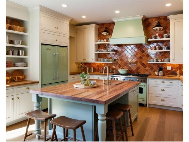 Springfield VA kitchen remodel featuring a zellige tile backsplash, retro-style appliances, and butcher block counters.
